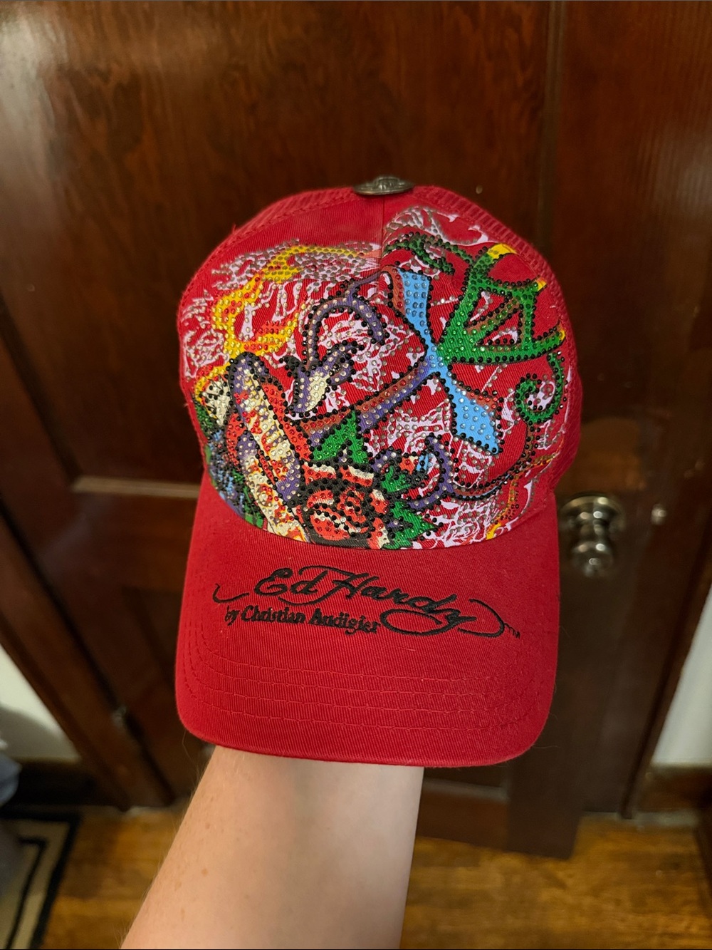 Ed Hardy Red Cap with Multicolor Embroidered Graphic